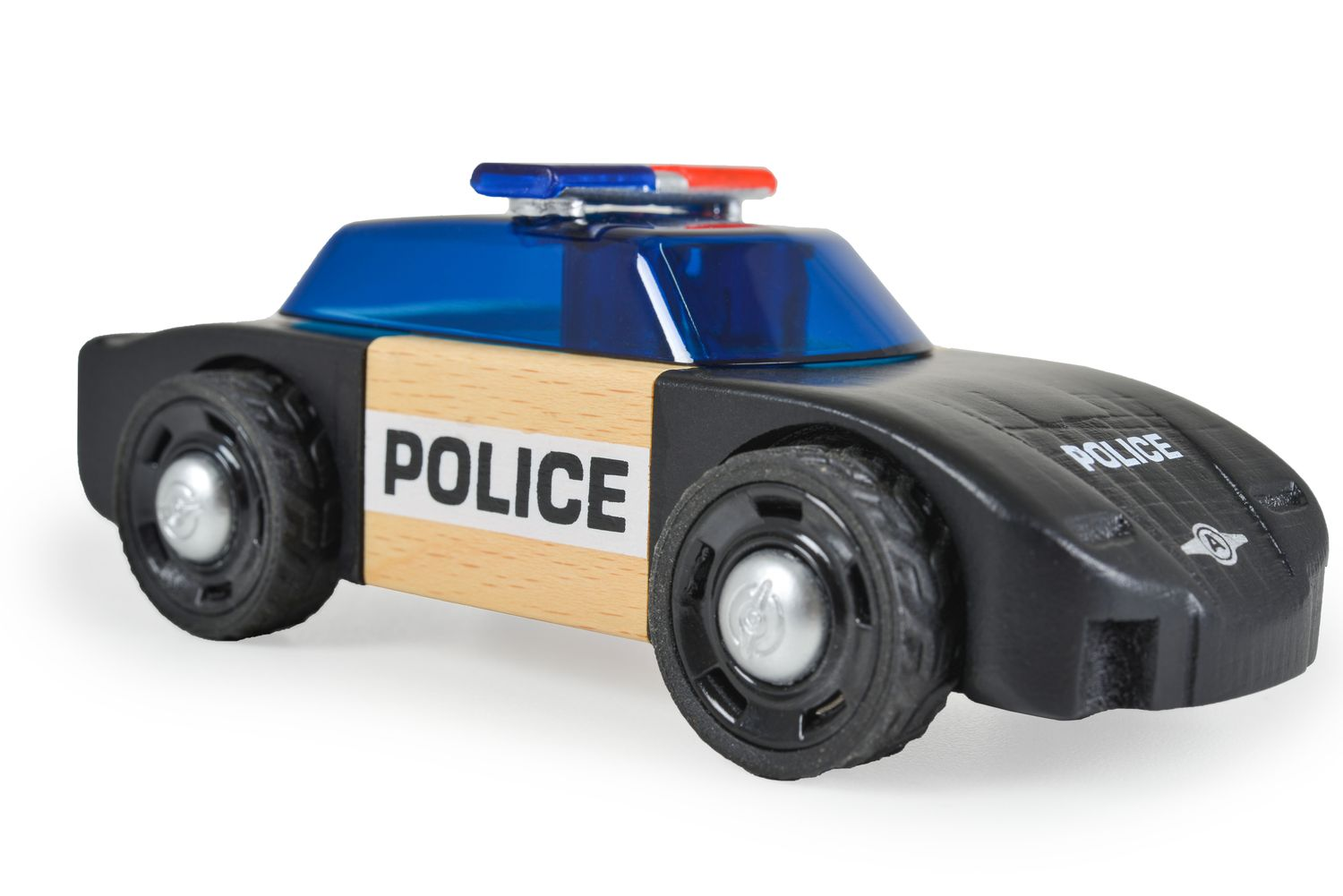 Ein schwarzes Holzspielzeug-Polizeiauto mit blauen Fenstern und roten/blauen Lichtern.