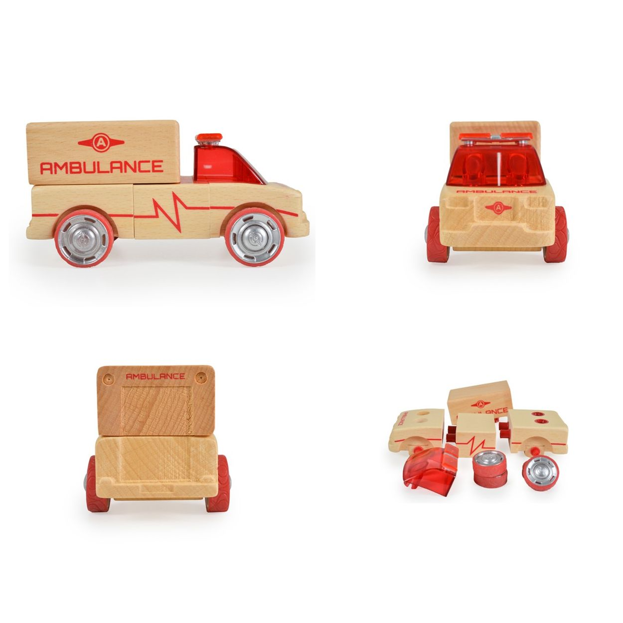 Holz-Spielzeug-Ambulanz mit roten Akzenten und Rädern.