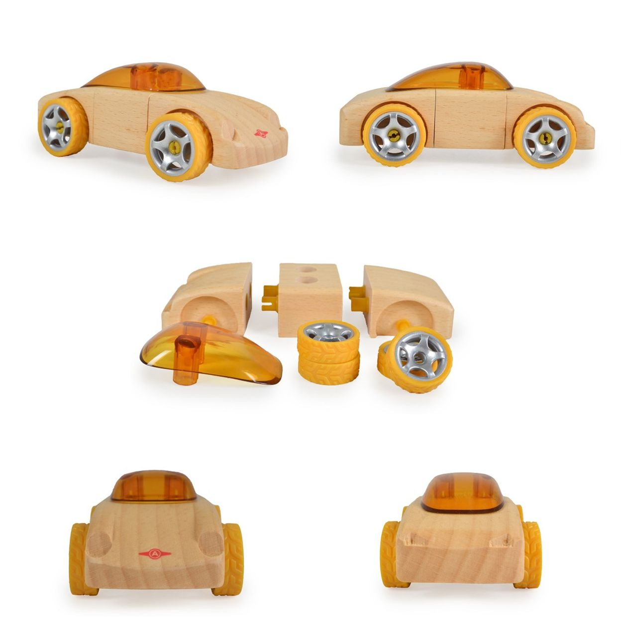 Holzauto-Spielzeug, zerlegbar mit gelben Rädern und transparentem Dach.