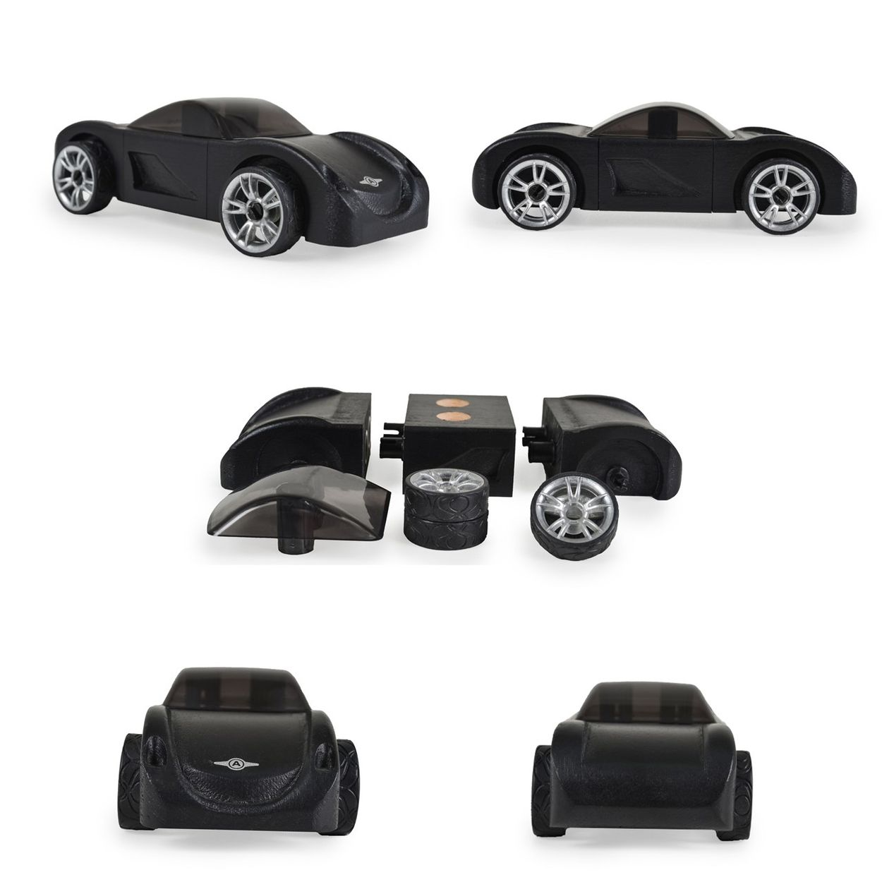 Schwarz zerlegtes Spielzeugauto mit Rädern und Windschutzscheibe.