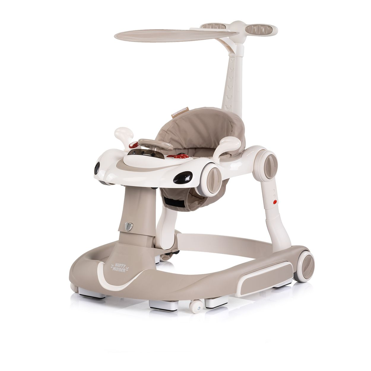 Ein beigefarbener Kinderwagen mit Verdeck, Sitz und Rädern auf weißem Hintergrund.