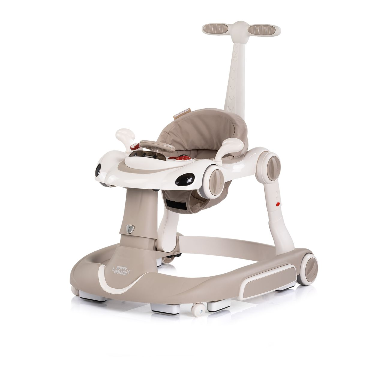 Ein beigefarbener Baby-Lauflernwagen mit Lenkrad und Griff.