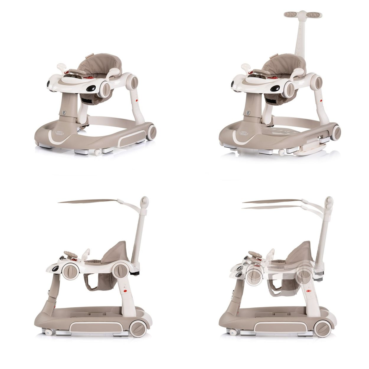 Beiger Kinderwagen mit Spielzeuglenkrad und Sonnendach.