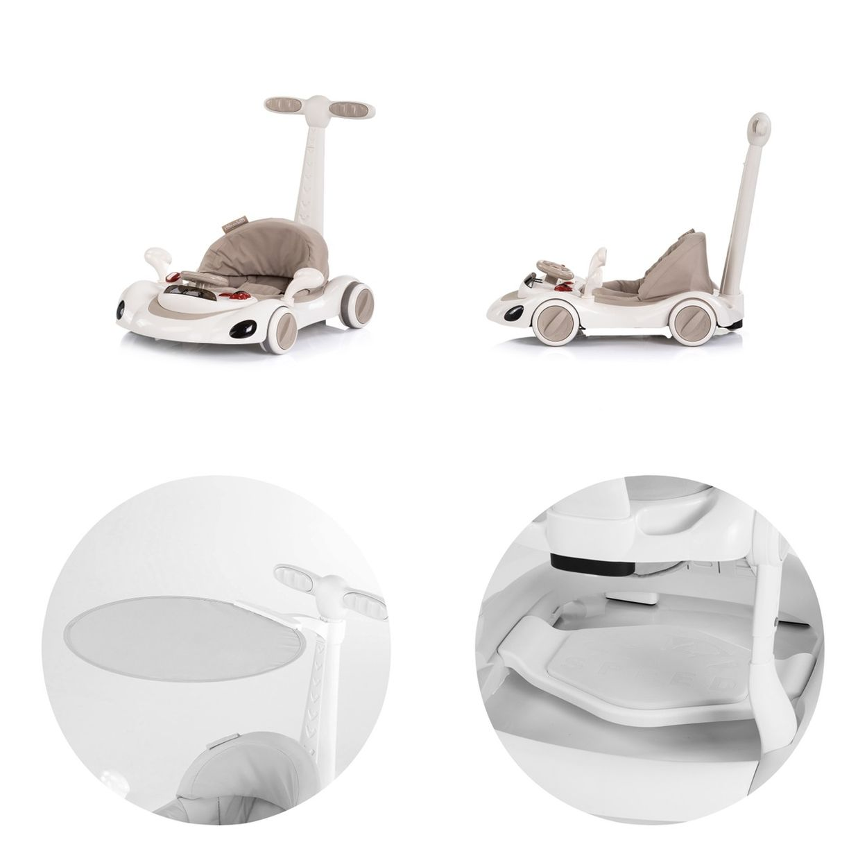 Ein weißes Kinderauto mit Verdeck und Schubstange, Nahaufnahmen von Details.