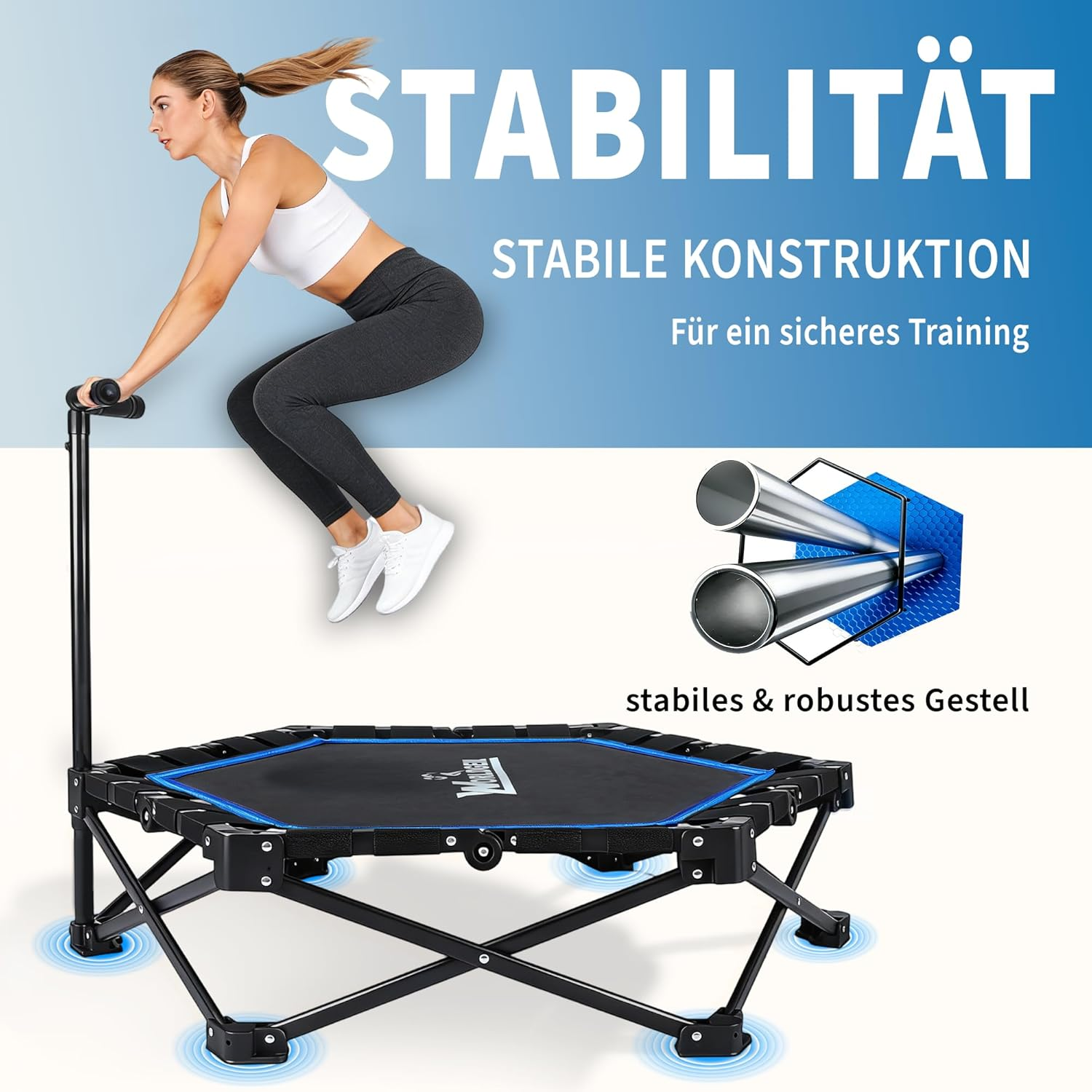 Frau springt auf einem schwarzen Trampolin mit blauem Rand. Stabiler Rahmen.