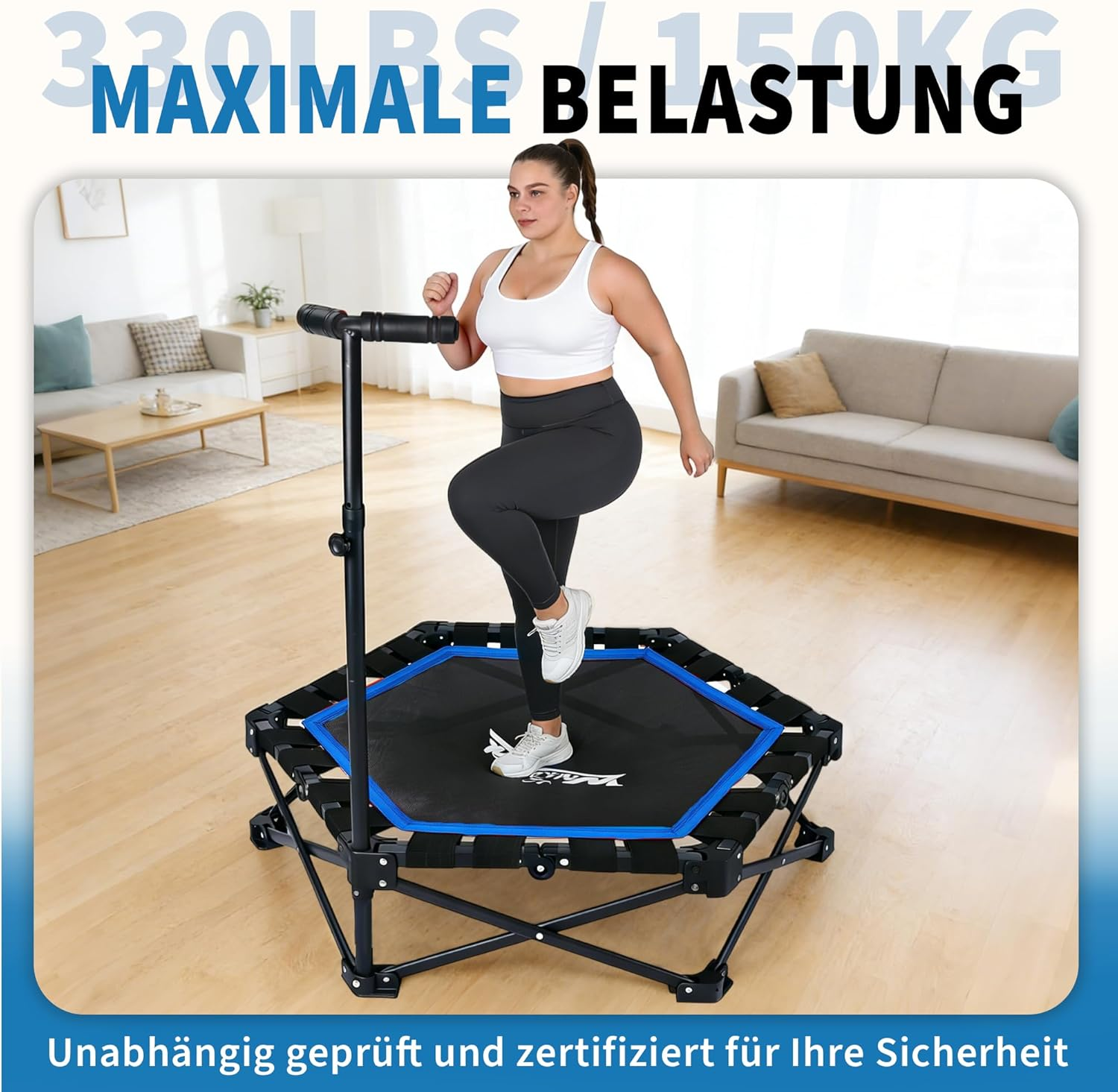 Frau springt auf Hexagon-Trampolin in einem Wohnzimmer. Maximale Belastung 150kg.