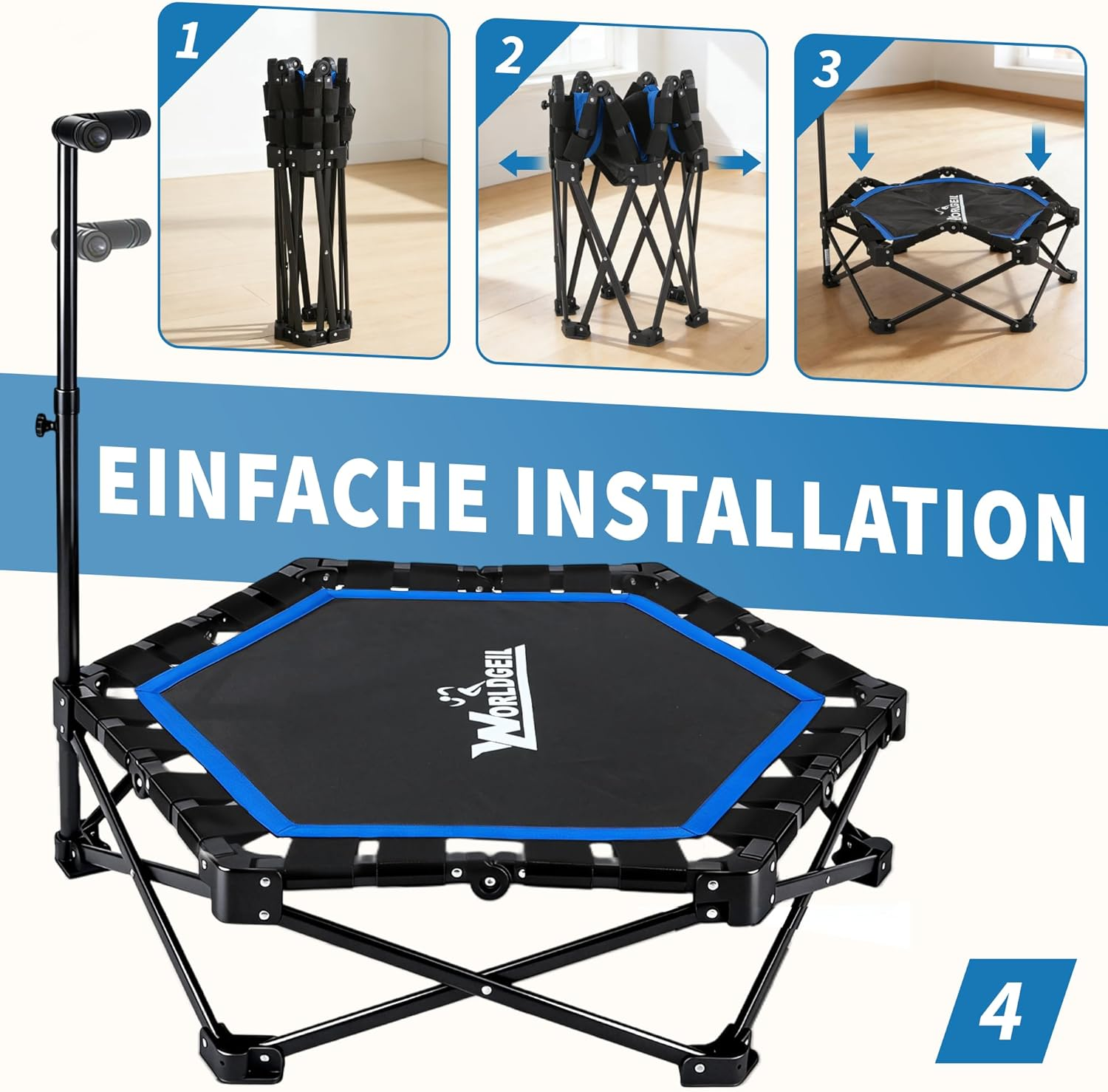 Ein zusammenklappbarer Trampolinaufbau mit Hantelstange und Installationsanleitung.