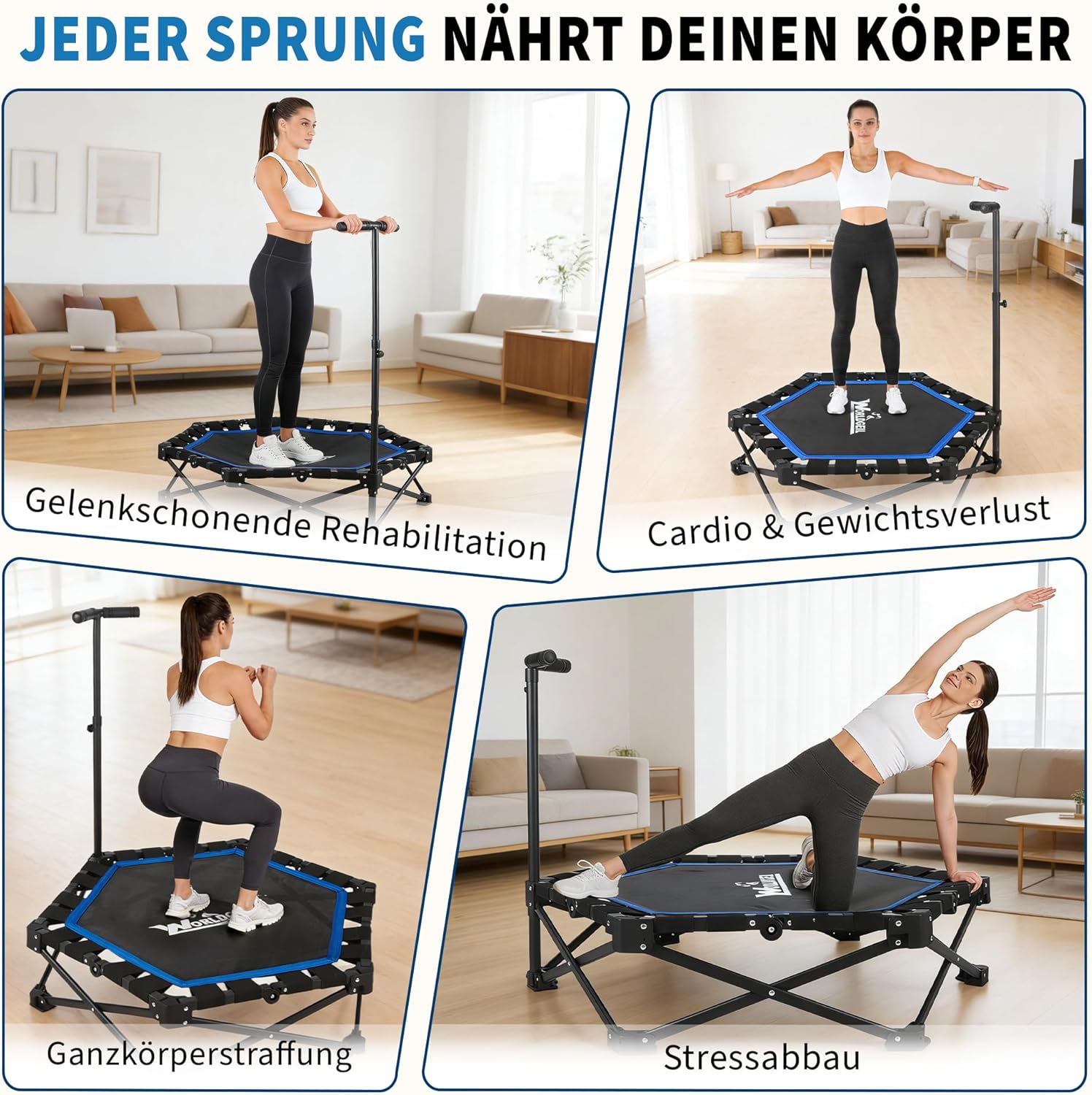 Vier Frauen trainieren auf einem Trampolin: Rehabilitation, Cardio, Ganzkörperstraffung, Stressabbau.
