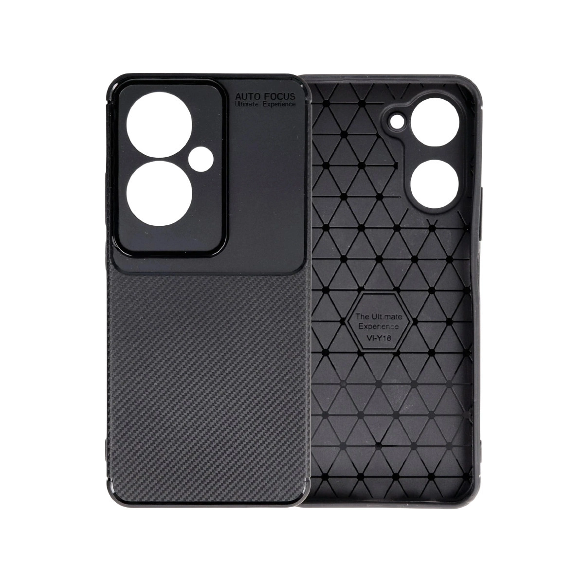 Karbon desenli ve kamera kesimli siyah telefon kılıfı.