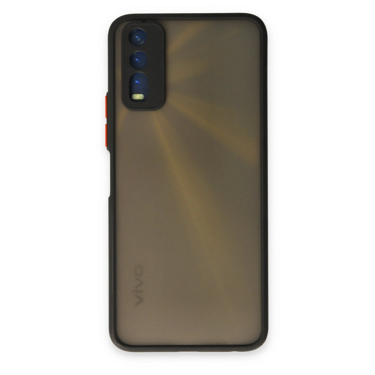 Üç kameralı ve flaşlı koyu renk VIVO akıllı telefonun arkası.