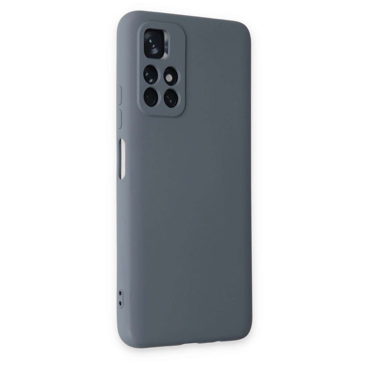 Beyaz arka plan üzerinde kamera modüllü gri telefon kılıfı.
