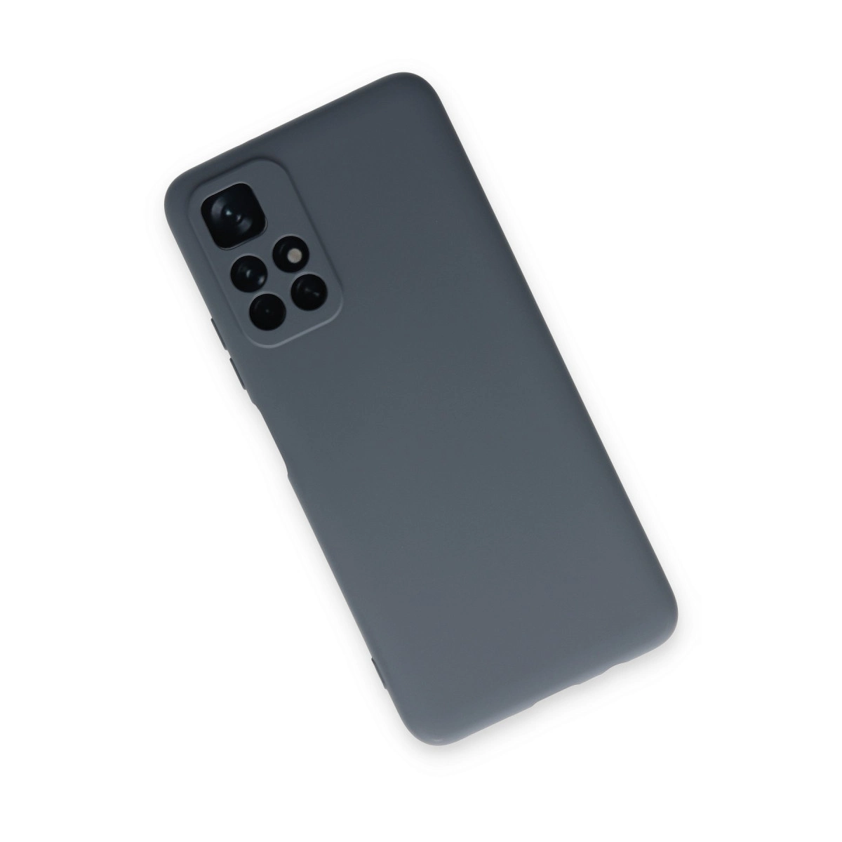 Beyaz arka plan üzerinde kamera lensi kesimli koyu gri telefon kılıfı.
