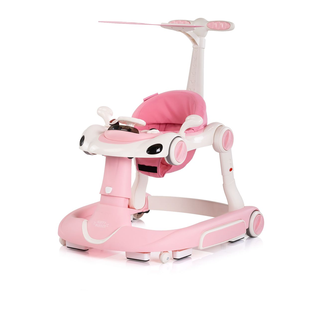 Ein rosafarbener und weißer Baby-Gehwagen mit Spielzeuglenkrad und Sonnendach.