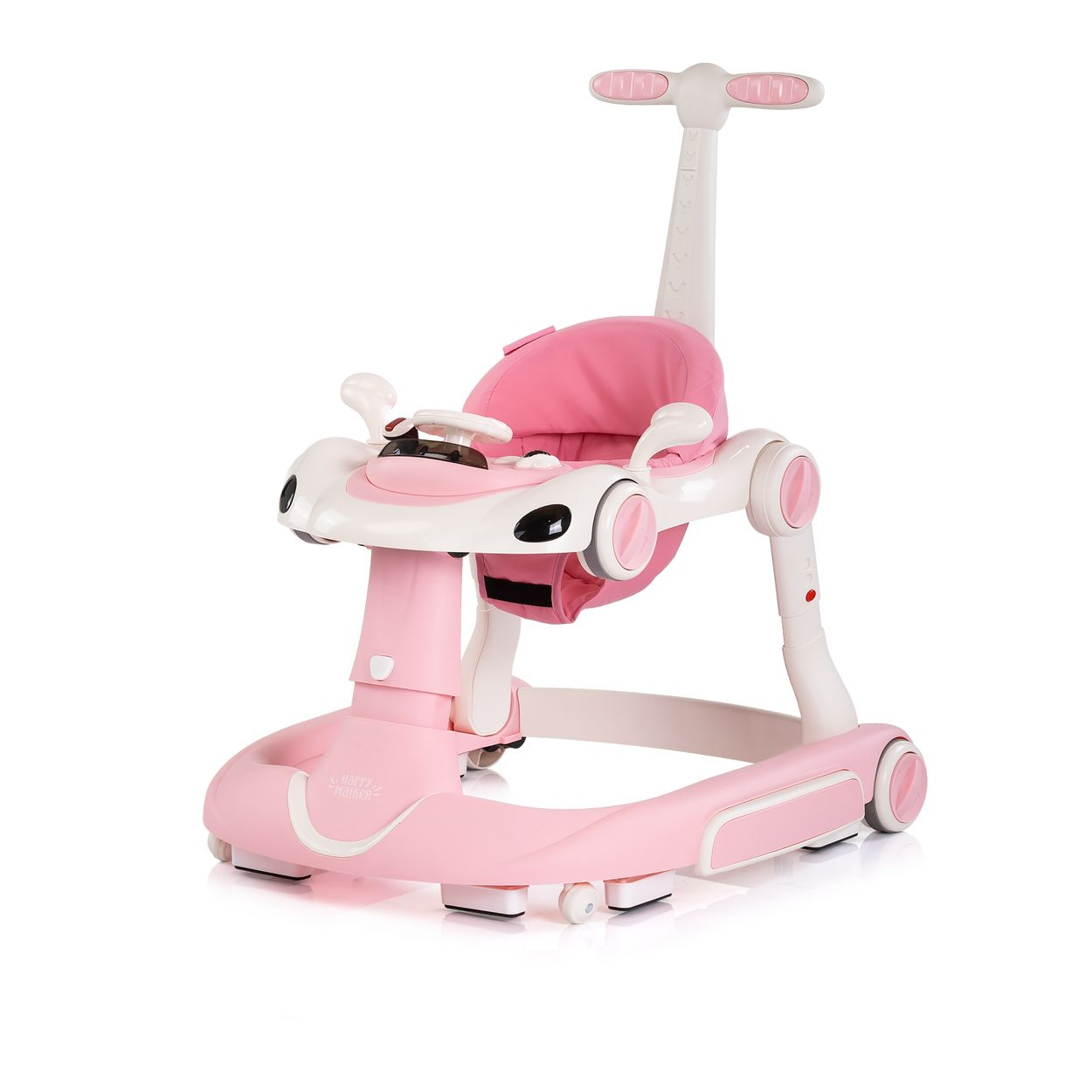 Ein rosa und weißer Baby-Gehwagen mit Lenkrad und Schiebestange.