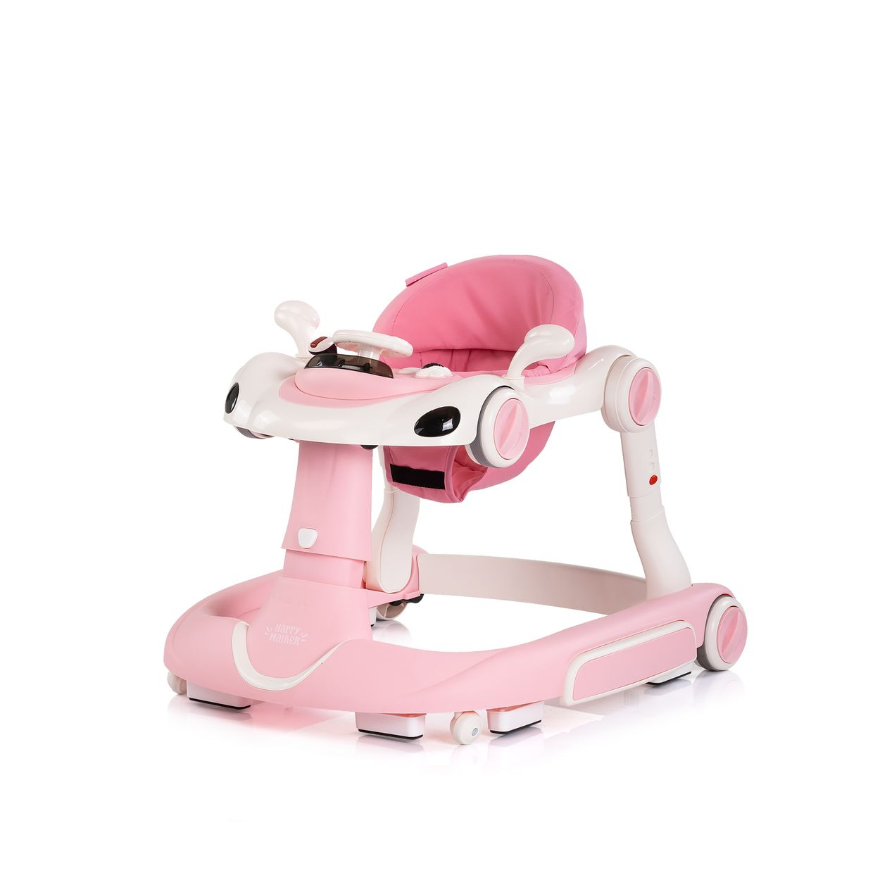 Ein rosafarbener Baby-Gehwagen mit Spielzeuglenkrad und einer Sitzfläche.