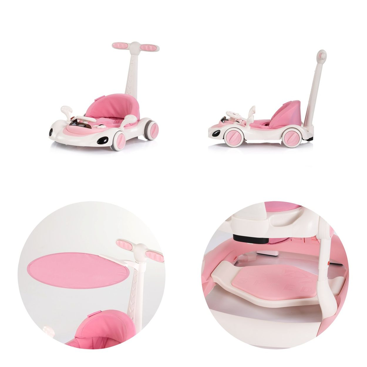 Ein rosafarbener Kinderwagen in Autoform mit Griff und Sonnendach.