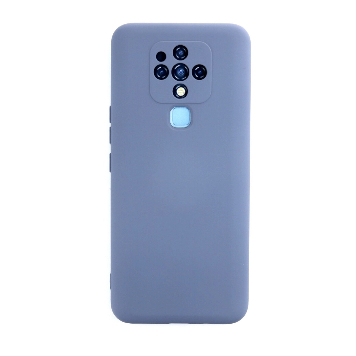 Kare kamera modülü ve parmak izi sensörlü gri telefon kılıfı.