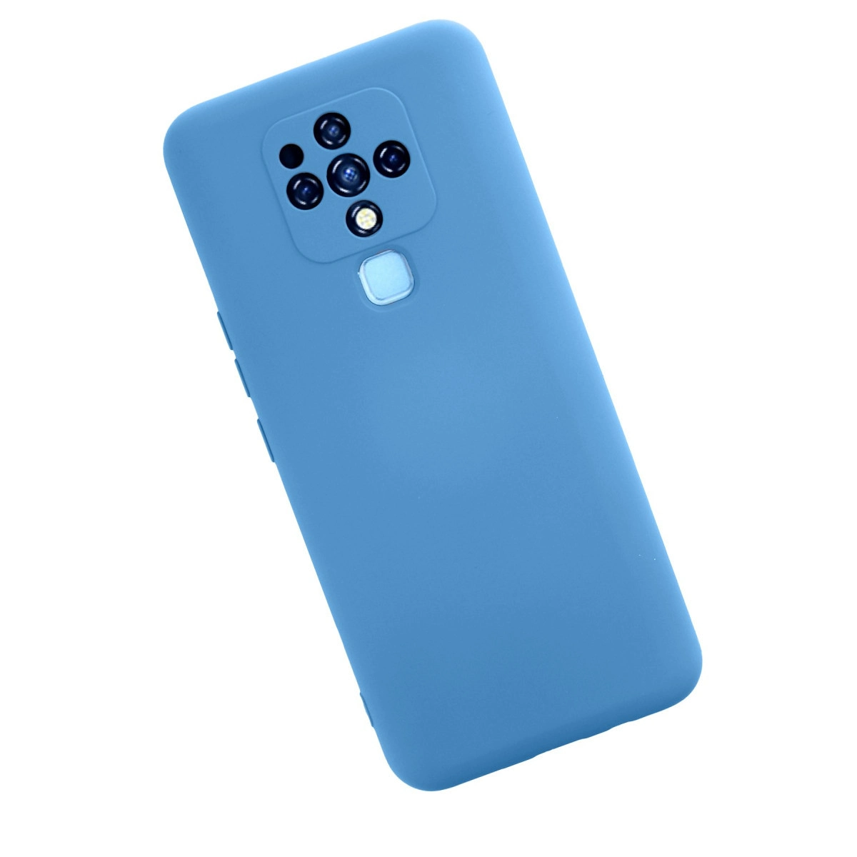 Kare kamera kesimi ve parmak izi sensörü olan mavi telefon kılıfı.