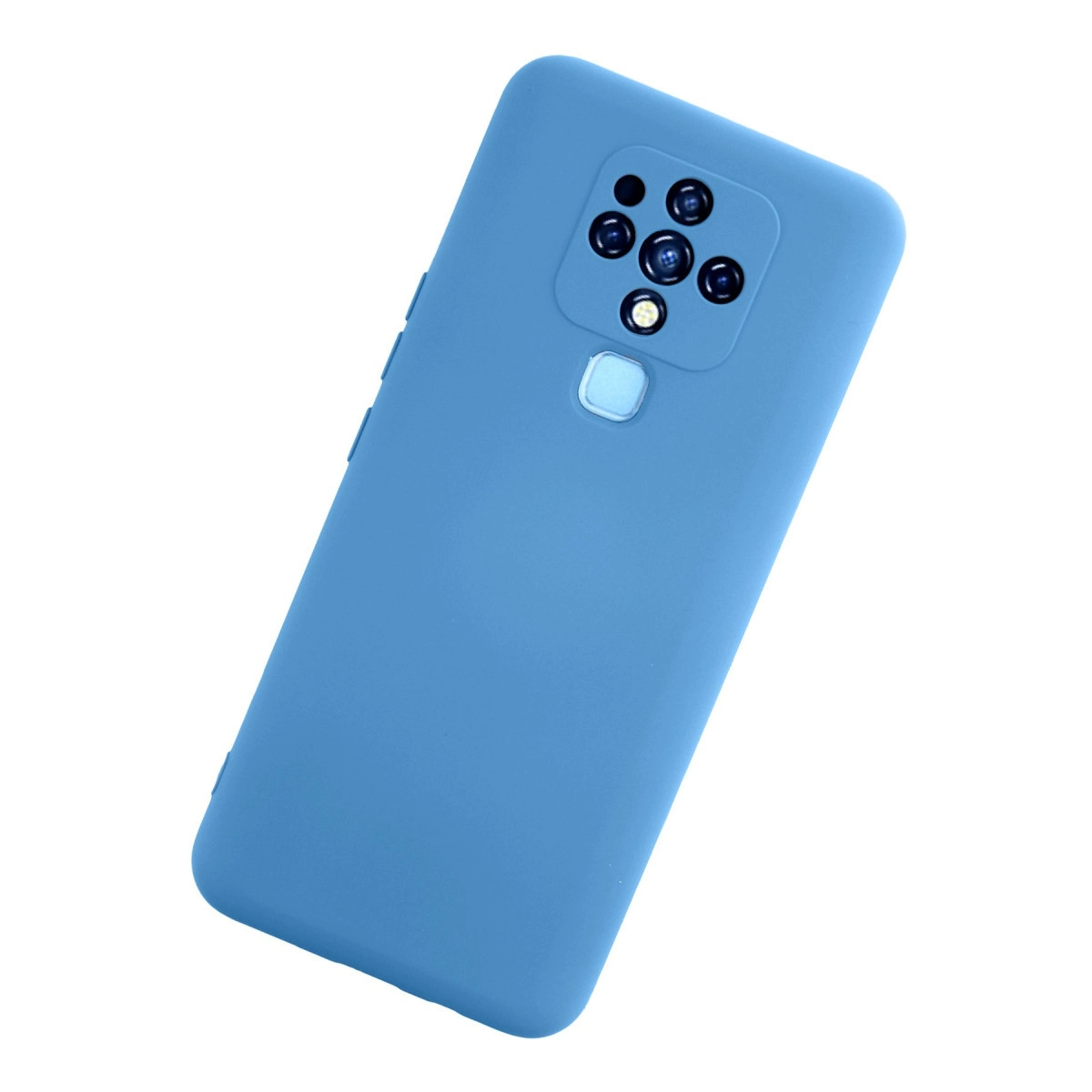 Dikdörtgen kamera modülü ve parmak izi sensörlü mavi telefon kılıfı.