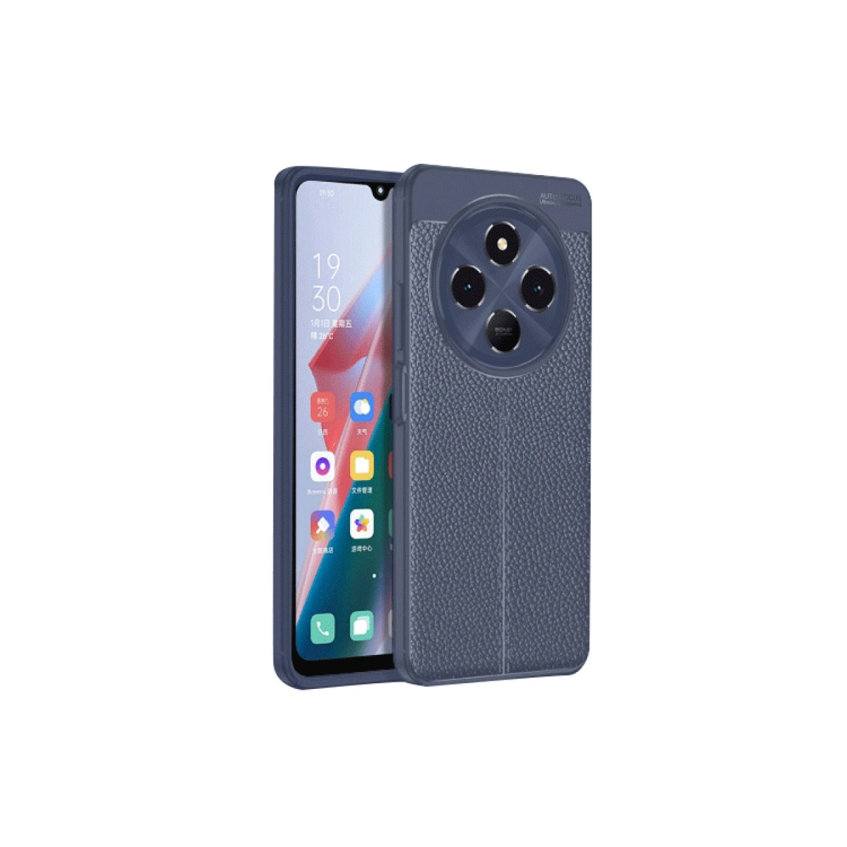 Arkada dört kamerası olan deri kılıflı mavi bir telefon.