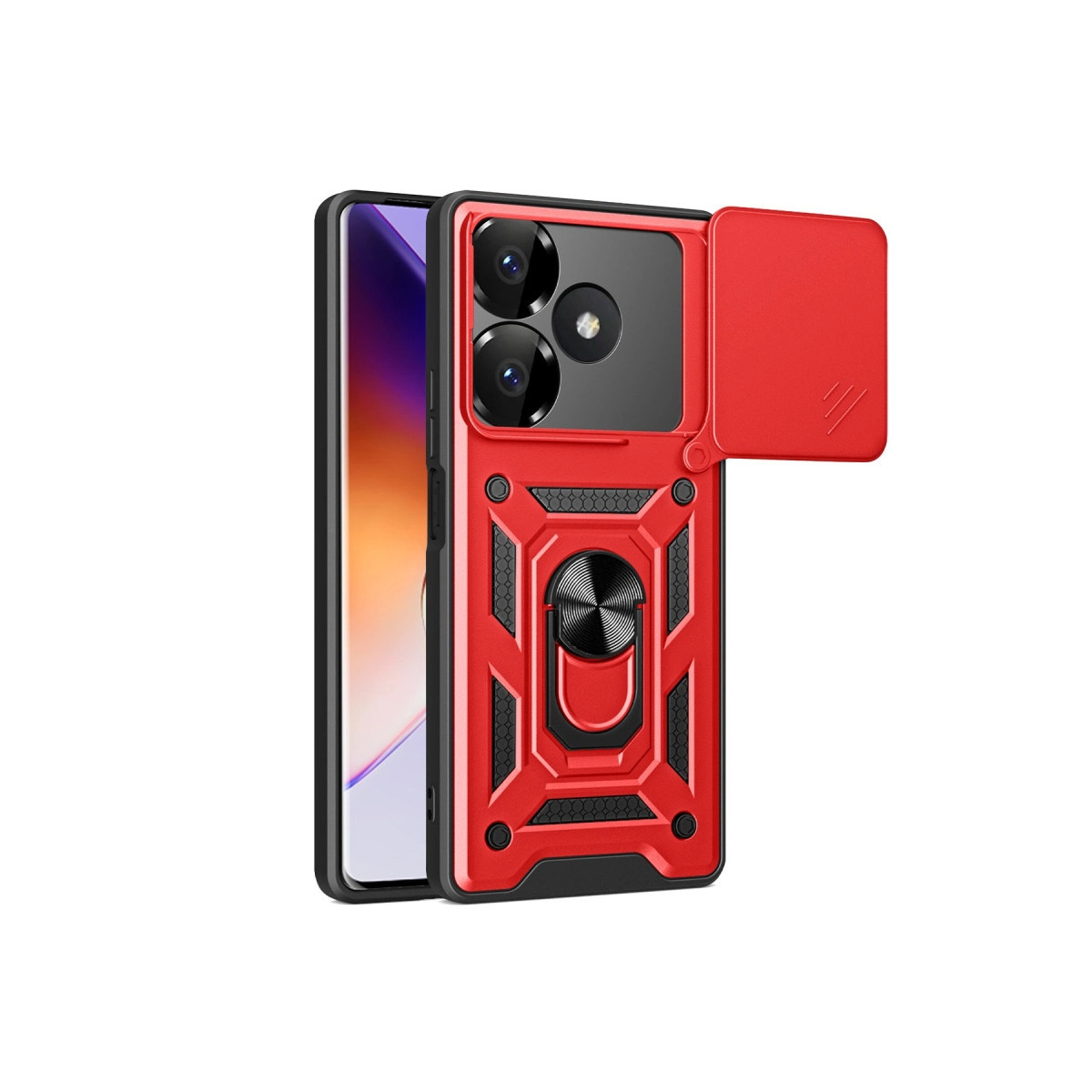 Kamera kapaklı ve halka tutuculu kırmızı telefon kılıfı, akıllı telefon ile.