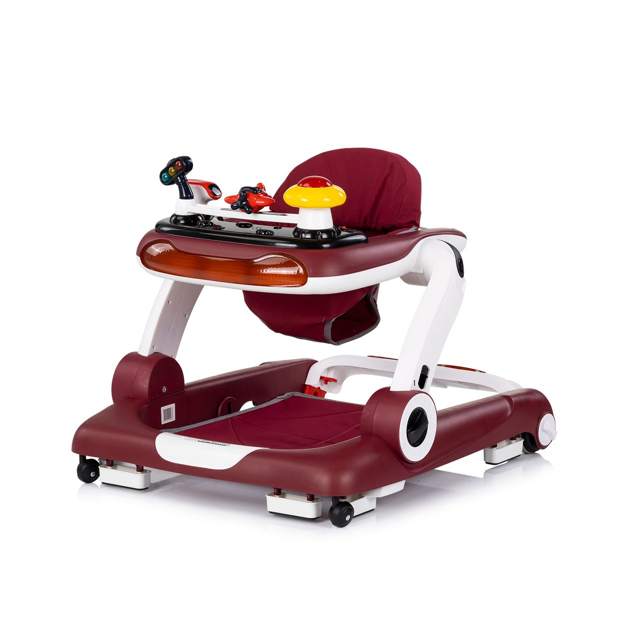Ein burgunderroter und weißer Baby-Gehwagen mit Spielzeug auf dem Armaturenbrett.