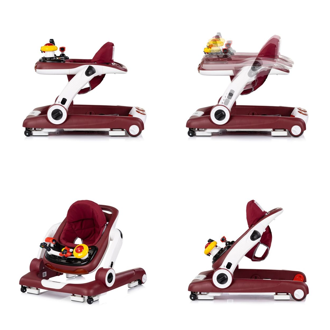 Ein burgunderroter und weißer Baby-Gehwagen mit Spielzeug. Vier Ansichten.