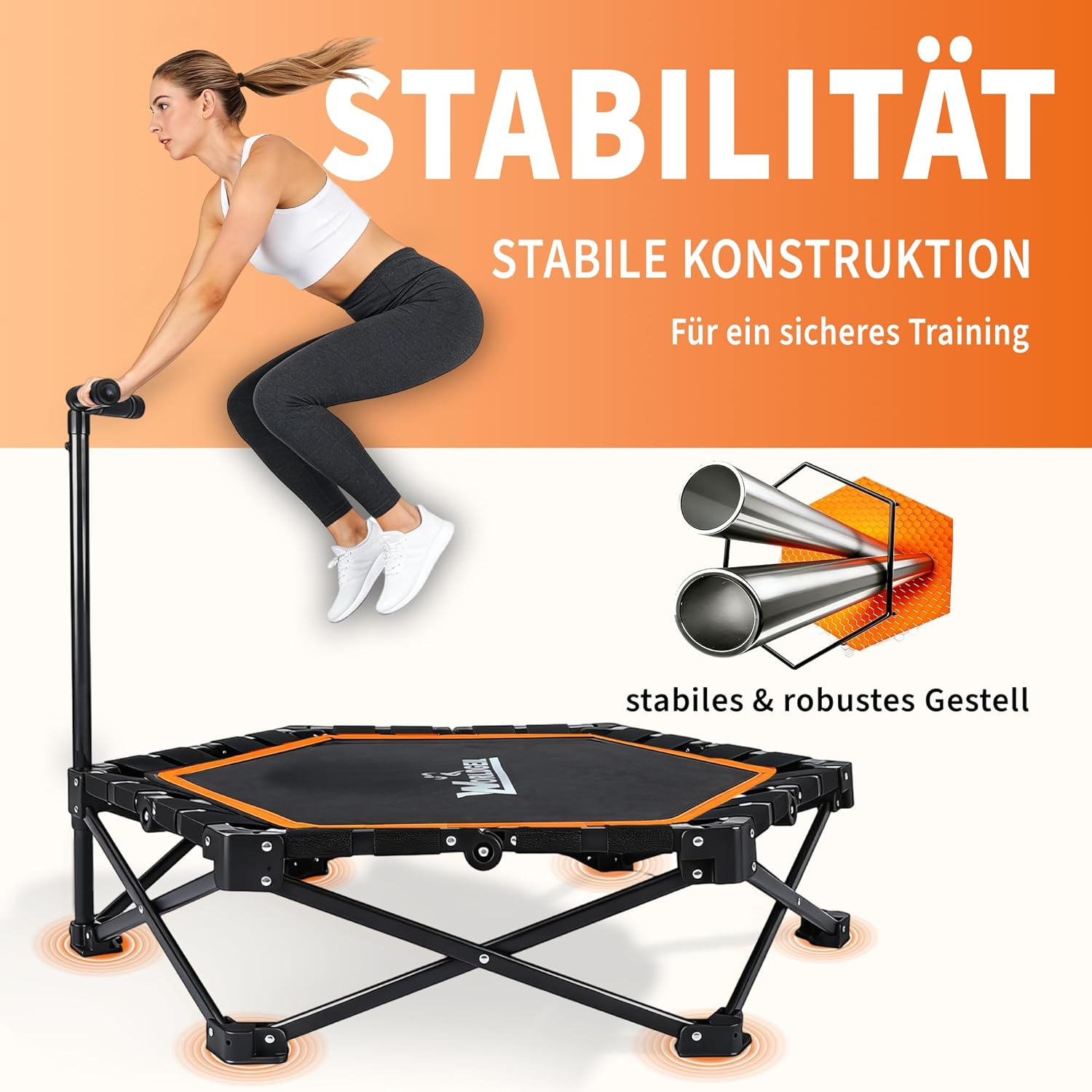 Frau springt auf einem runden, schwarzen Trampolin mit orangem Rand. "Stabilität" steht groß.