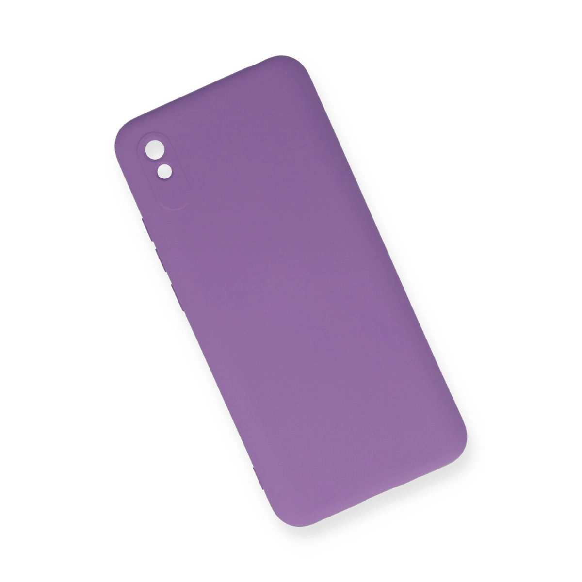 İki kamera delikli mor telefon kılıfı, beyaz üzerinde.