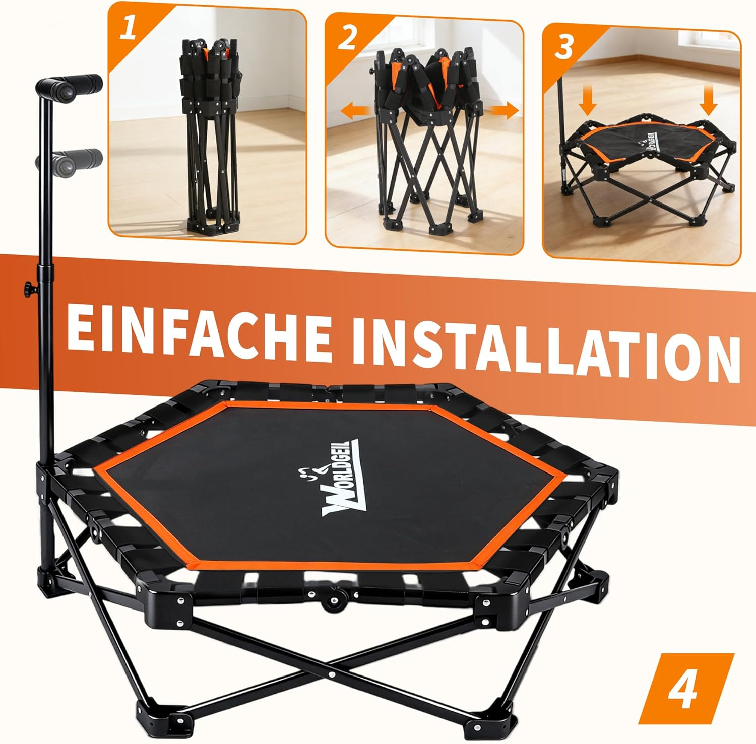 Ein zusammenklappbarer Trampolin-Rahmen mit orangefarbener Einfassung.