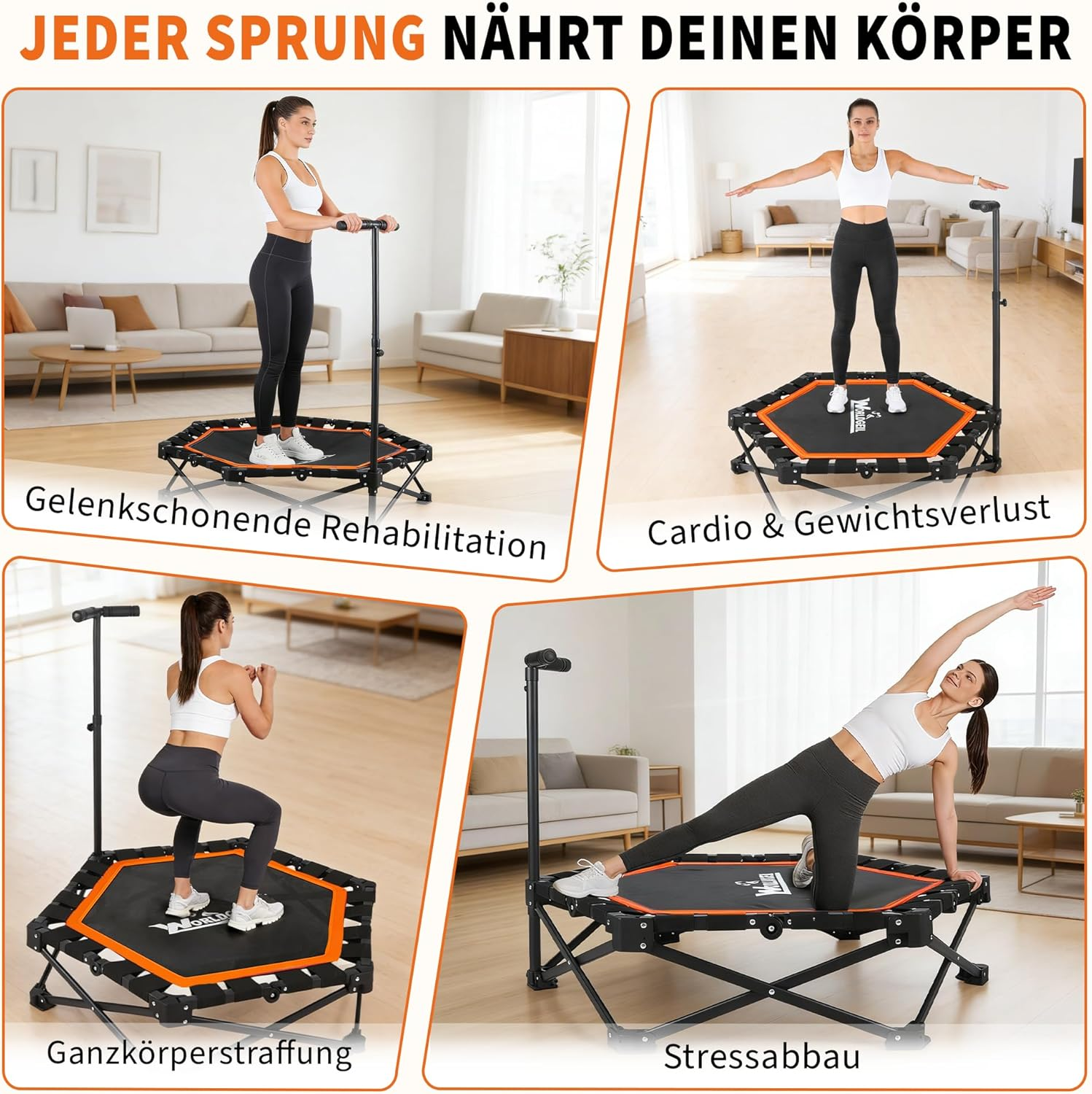 Vier Frauen trainieren auf einem Trampolin: Rehabilitation, Cardio, Straffung, Stressabbau.