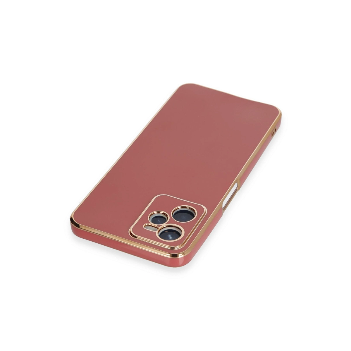 Altın çerçeveli ve kamera kesimli, pembe renkli telefon kılıfı.