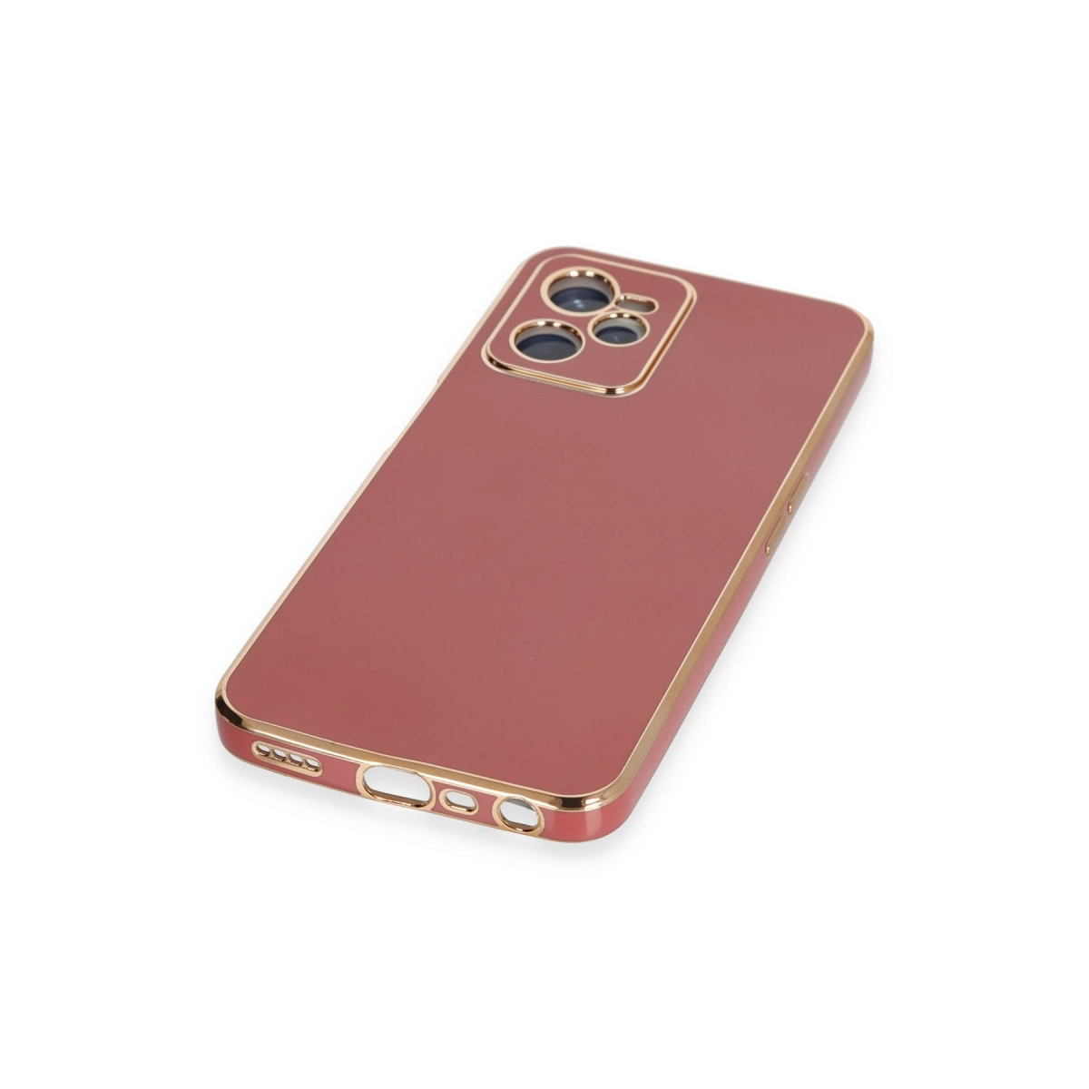 Altın kenarlıklı ve kamera çerçeveli, gül rengi telefon kılıfı.
