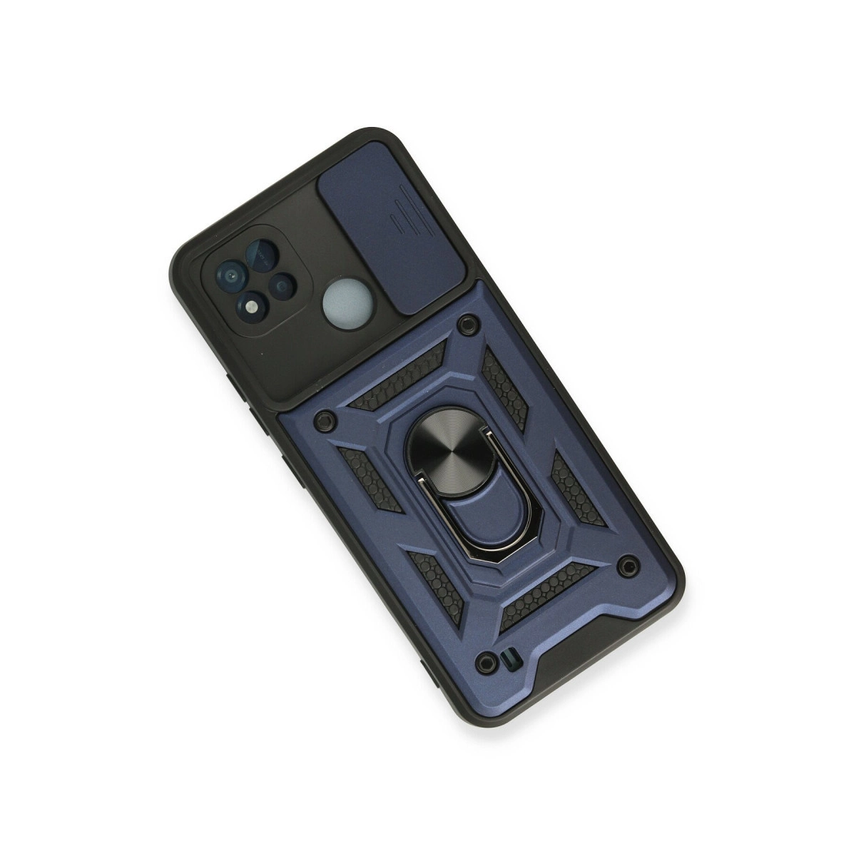 Kamera kapaklı ve halka tutuculu mavi ve siyah telefon kılıfı.
