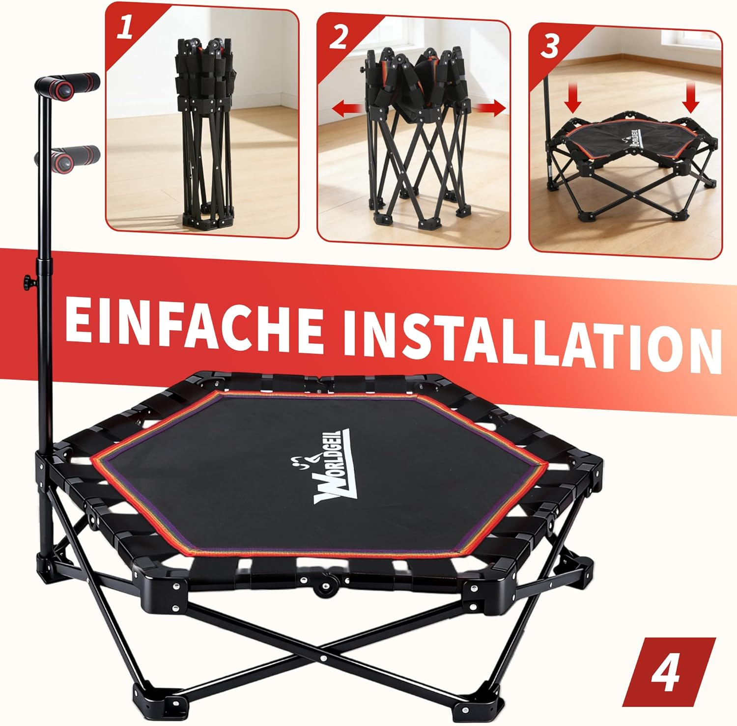 Ein faltbarer Trampolin mit Griff und Installationsanleitung.