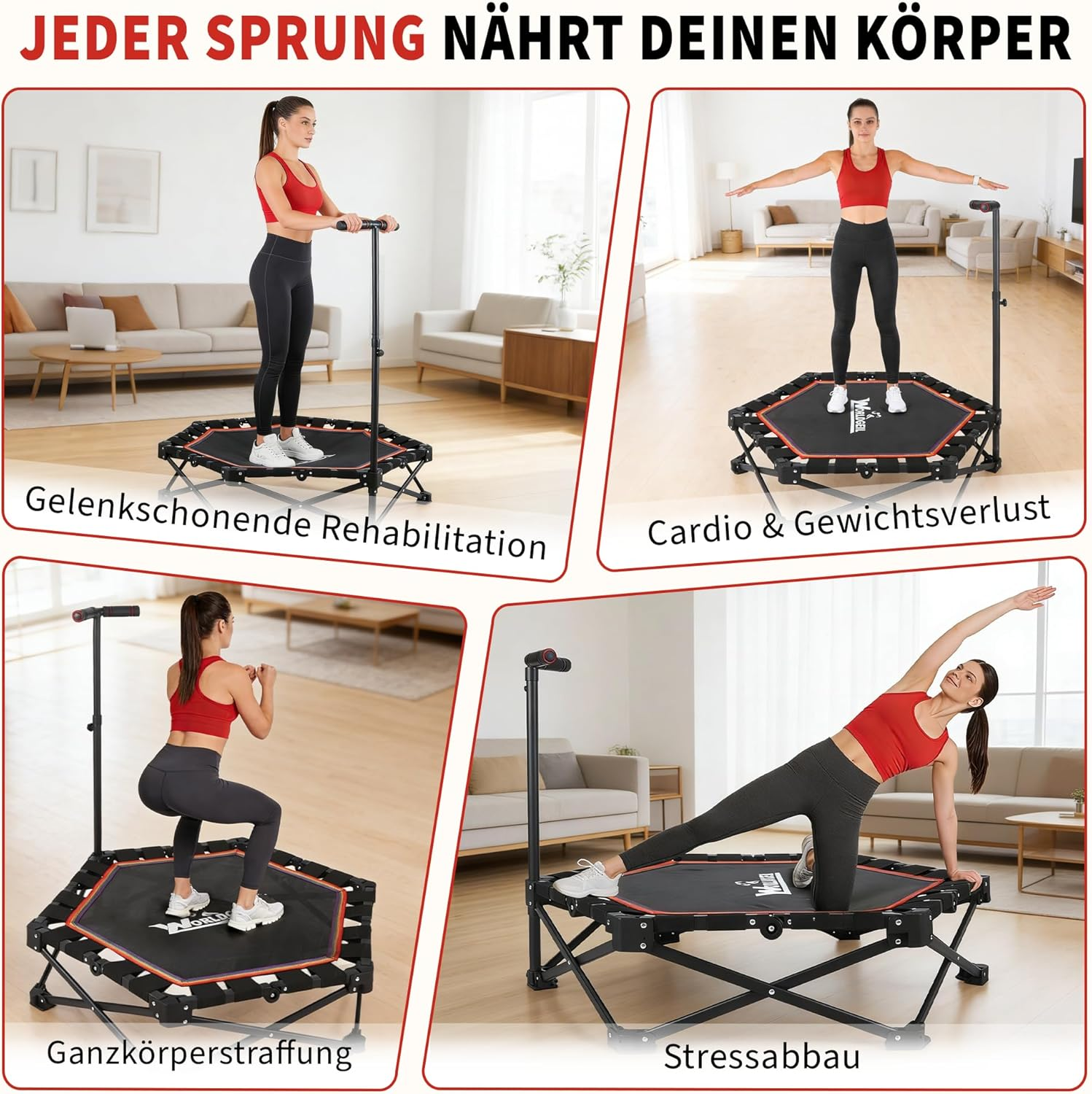 Vier Frauen auf einem Trampolin: Rehabilitation, Cardio, Ganzkörperstraffung, Stressabbau.