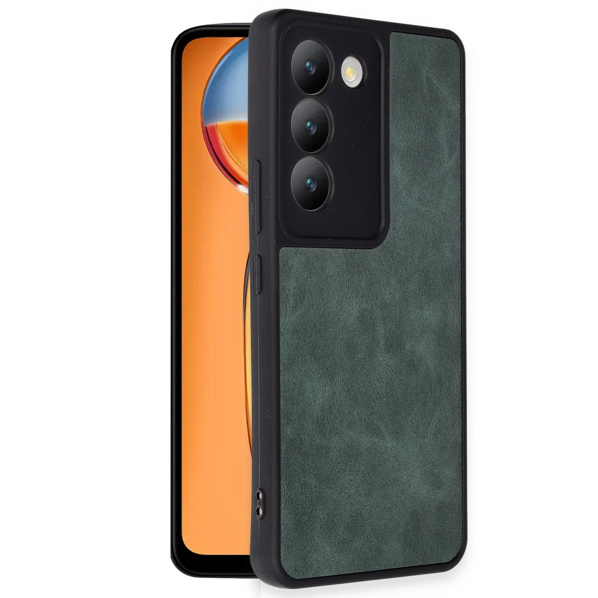 Arkada üç kamera ve flaşlı koyu yeşil telefon kılıfı.