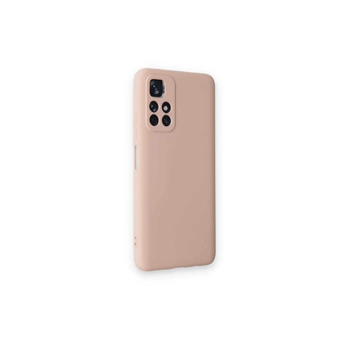 Arkada dört lensli kamera modülü bulunan soluk pembe telefon kılıfı.