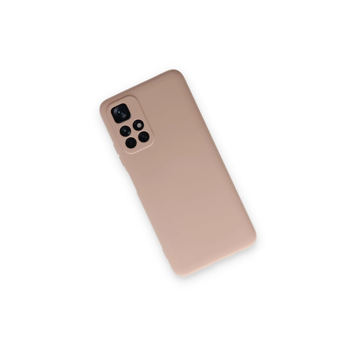 Beyaz arka plan üzerinde dört kamera lensli pembe telefon kılıfı.