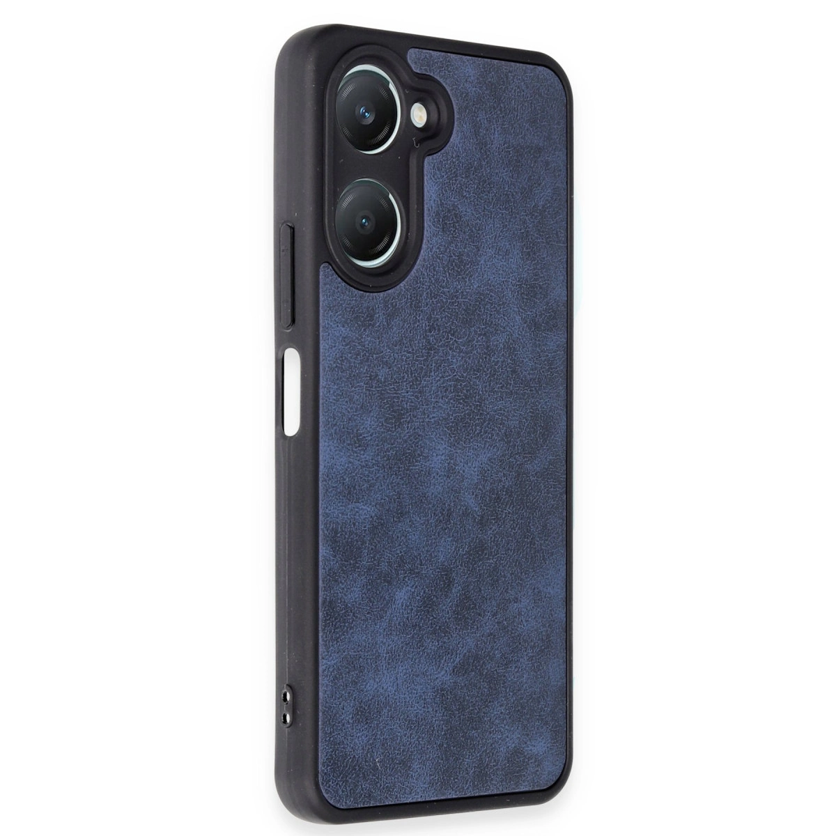 İki kamera lensli, dokulu, lacivert renkli telefon kılıfı.