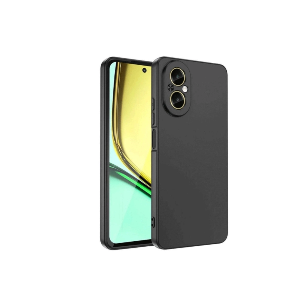 Sarı ve yeşil ekranlı akıllı telefon üzerine yerleştirilmiş iki kameralı siyah telefon kılıfı.