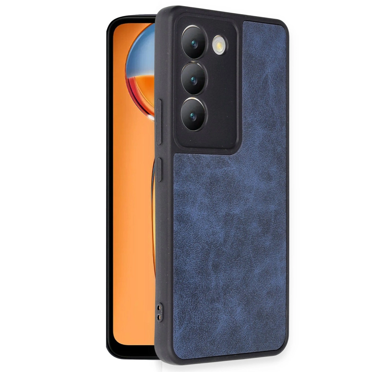 Üç kameralı ve dokulu yüzeyli mavi telefon kılıfı.
