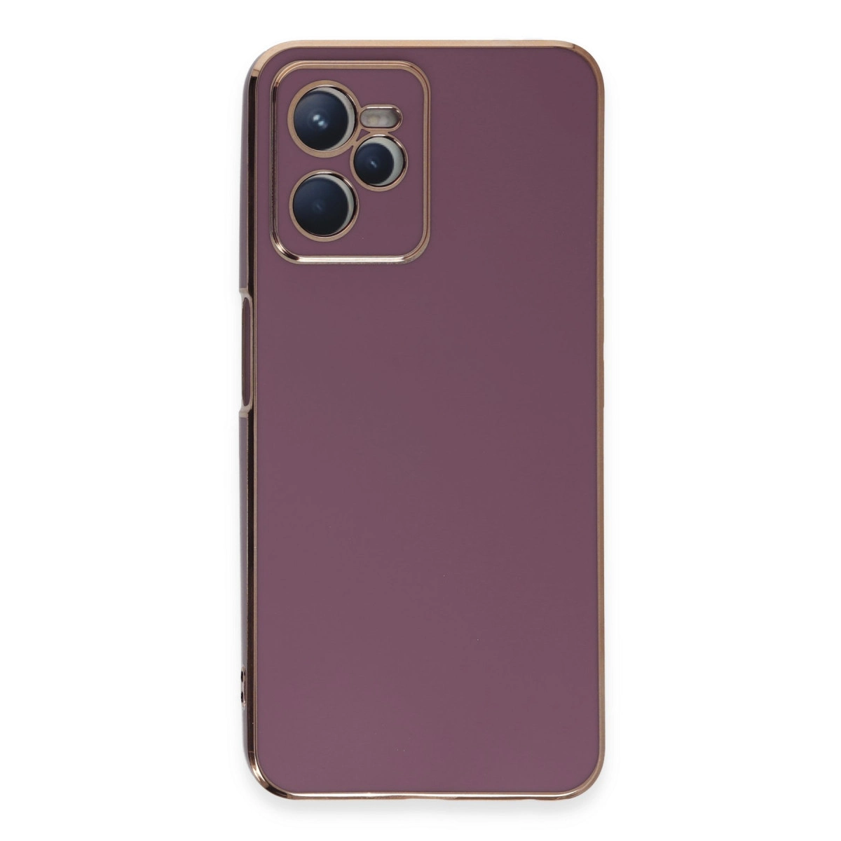 Üç kameralı ve altın kenarlı mor telefon kılıfı.