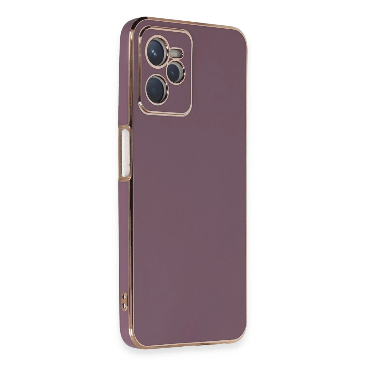 Kamera oyuntulu, altın kenarlı mor telefon kılıfı.