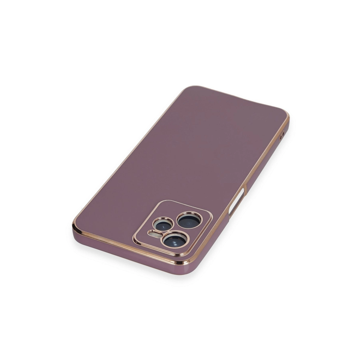 Altın çerçeveli ve kamera kesimli mor telefon kılıfı.