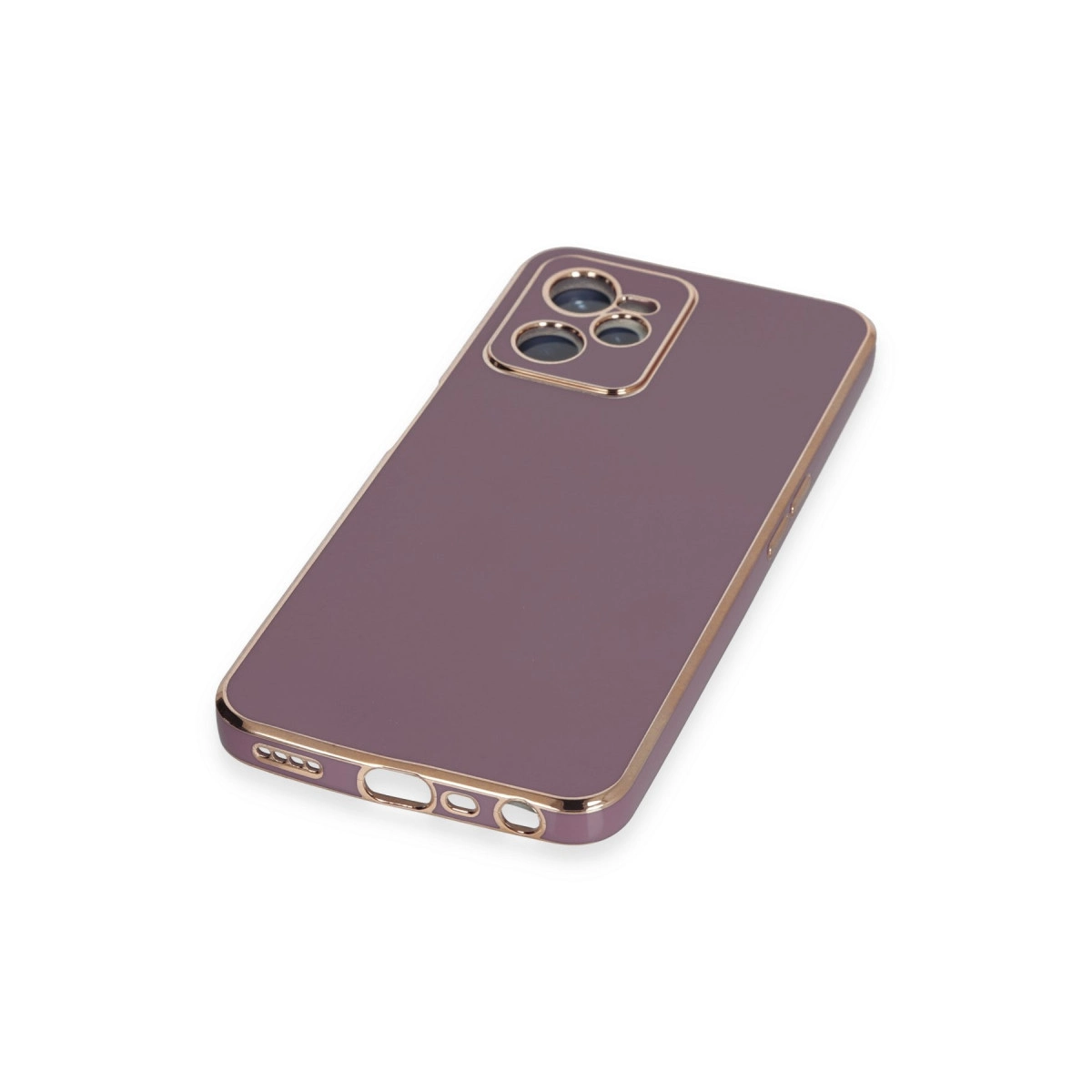Altın kenarlı ve kamera kesimli mor telefon kılıfı, beyaz arka plan üzerinde.