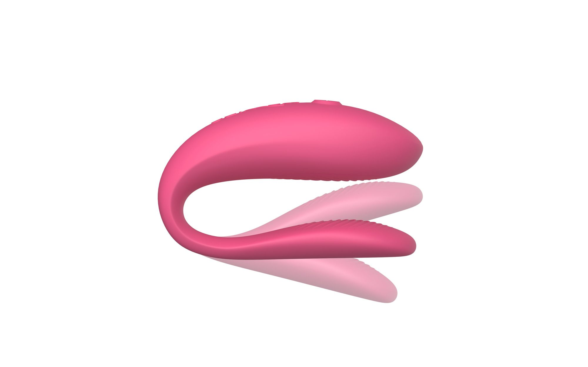 Ein rosafarbener Vibrator mit einer gebogenen Form und Rillen.