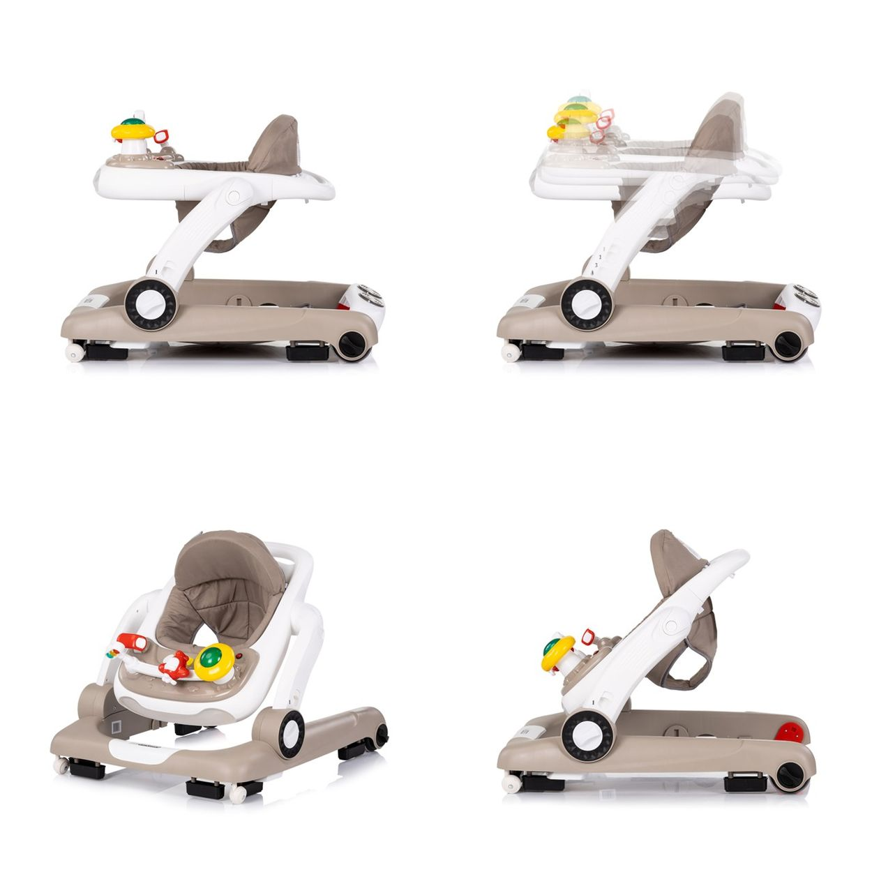 Ein beiger und weißer Baby-Gehwagen mit Spielzeug in verschiedenen Ansichten.