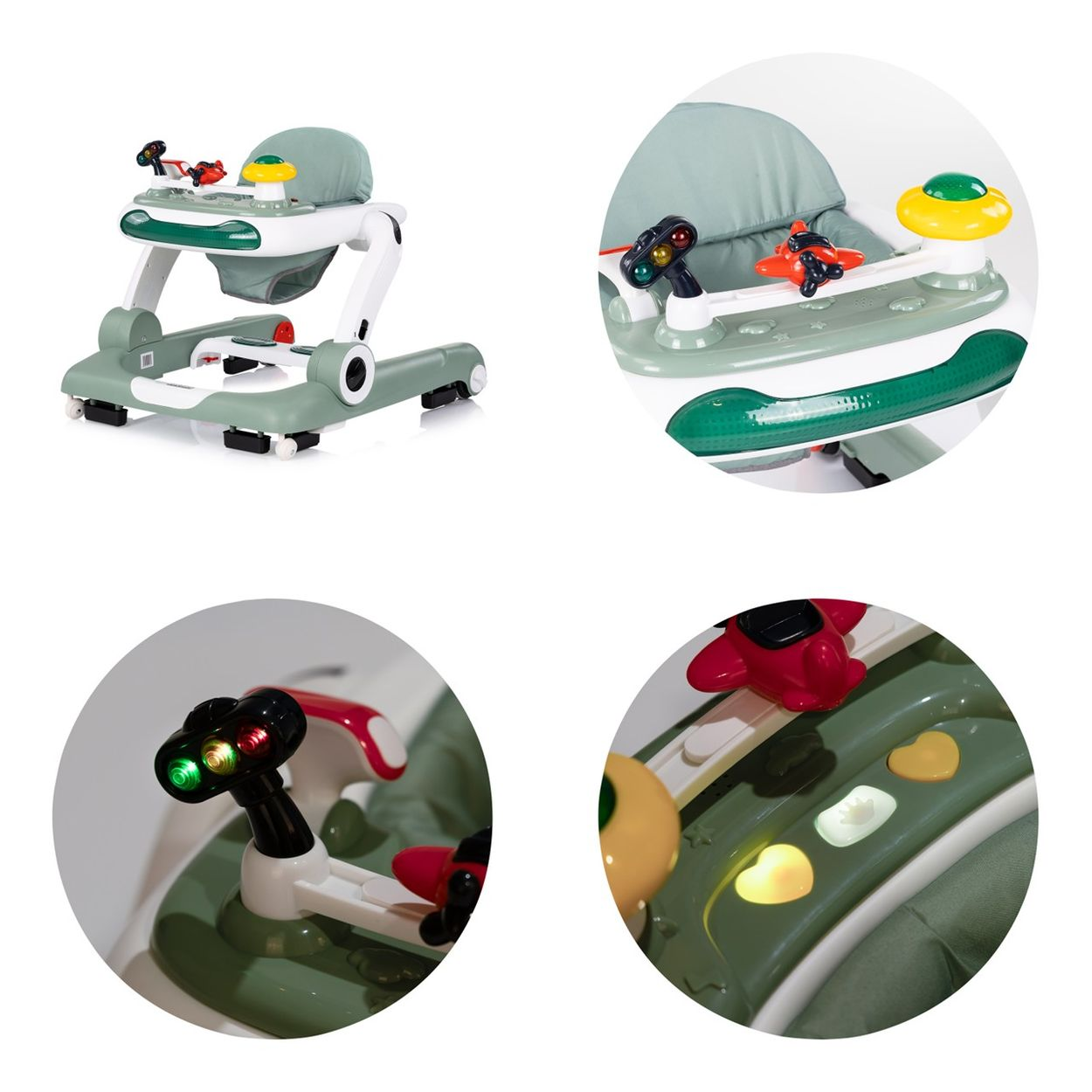 Ein grüner Baby-Gehwagen mit Spielzeug, Lichtern und einem Sitz.