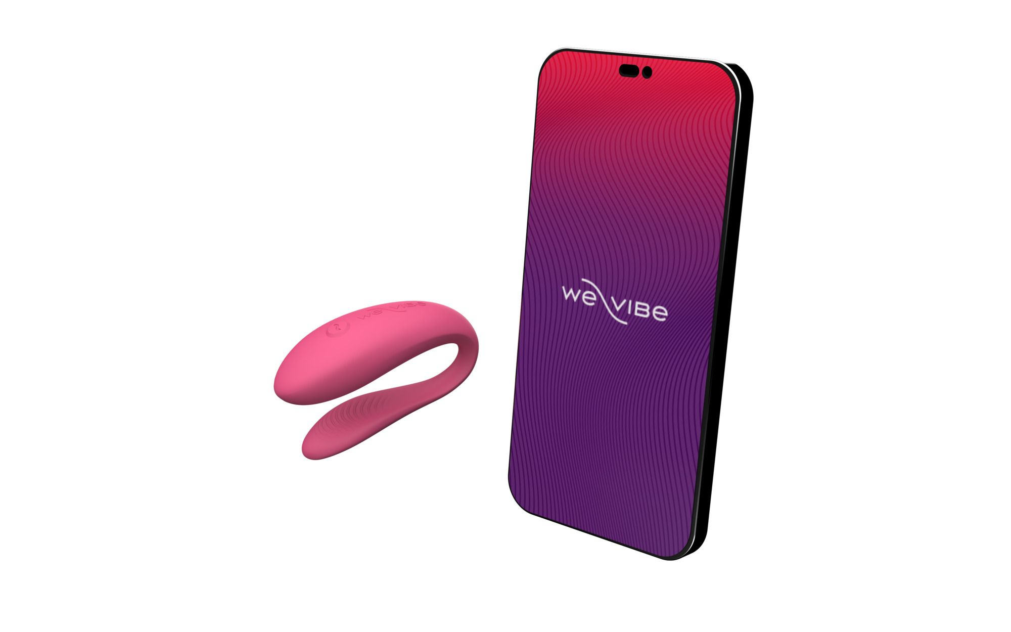 Ein pinker Vibrator neben einem Smartphone mit pink-violem Wellenmuster und Logo.